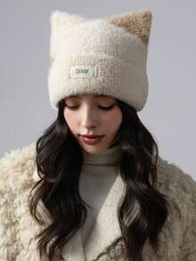 1 pièce Chapeau tricoté mignon avec oreilles de chat pour femmes, bonnet doublé de polaire chaud avec décoration de lettre, convient pour l'automne/l'hiver, la promenade, les courses, le port quotidien - MM2683 - Voir 6