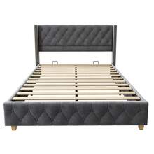 Upholstered Bed 140*190cm With Slatted Base And Headboard, Button Tufting, Rivet Tufting, Wooden Legs, Velvet, Grey - Gray + Velvet - View 5