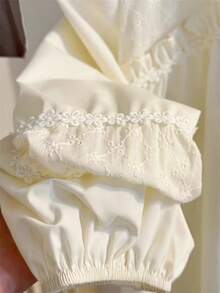 Plus Size Women's Elegant Embroidered Beige Lace Trim Ruffle Blouse - Beige - View 11
