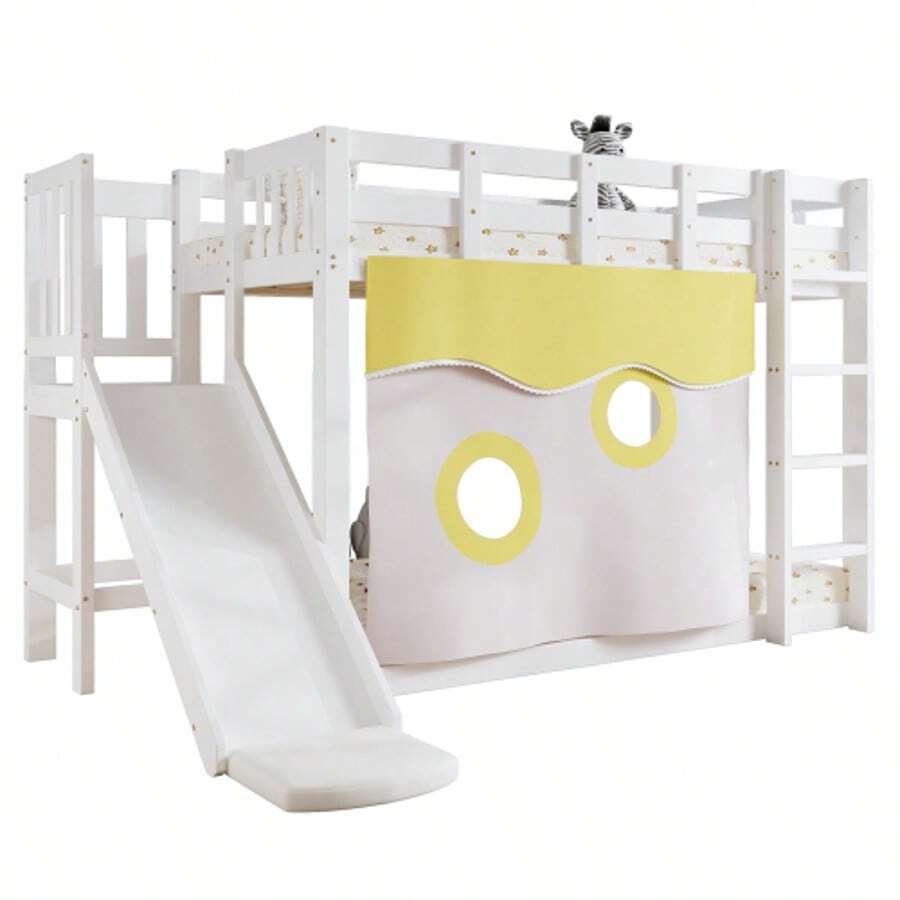 Wooden Bunk Bed With Ladder And Railing, With Curtain, Slide, Children's Bed With Fall Protection And Railing, MDF+Pine, White, 90x200cm - 白色 - 查看 1