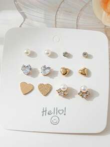 6件套时尚女童耳环，款式包括心形、圆形、月亮、蝴蝶、三角形、海马图案 - 彩色 - 查看 14