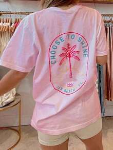 Womens Y2k Coconut Tree Graphic Oversized T Shirts Tops Coconut Tree/Letter Print Short Sleeve Round Neck Loose Fit Tee Shirt Summer Vintage Aesthetic Baggy Tees Tops Preppy Coastal Teen Girl Clothes Streetwear-White And Navy Off-The-Shoulder Cropped Unisex TopNew Stylish T-Shirt - 粉色 - 查看 3