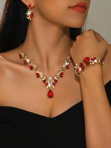 Luxury Wedding Party Women's Dress Rhinestone Jewelry Necklace And Earring Set, Fashion Shiny Jewelry Set Accessories For Ball Gown - Golden Red - View 4