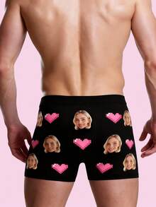 1pc Personalized Photo Pixel Heart Print Stretchy Fabric Comfortable Fitted Romantic Customized Men's Briefs, Valentine's Day Gift - Multicolor - View 2