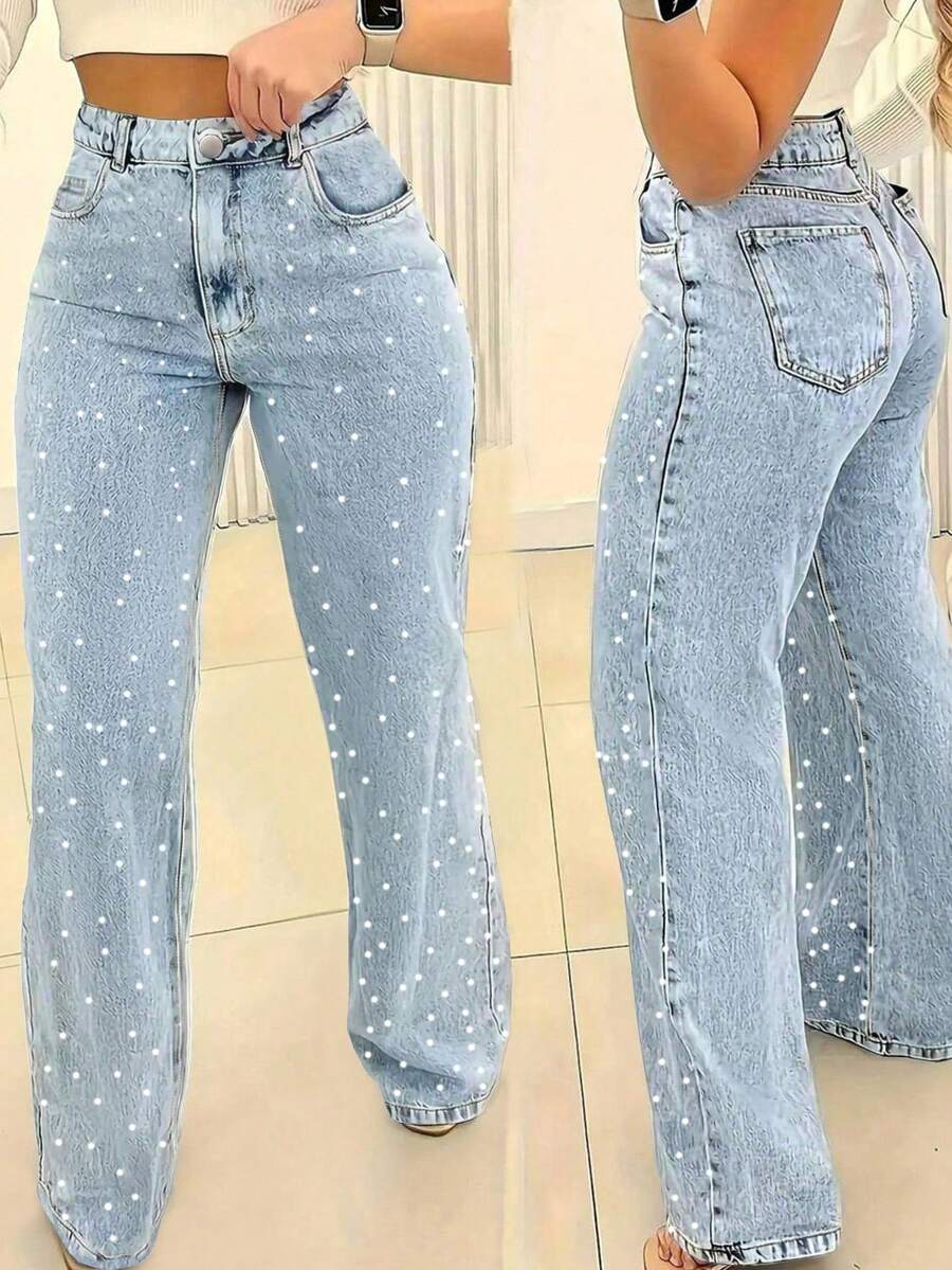 Women's Multi-Pocket Straight Jeans With Pearl Design, Women's Casual And Versatile Jeans Pantalones De Mujer Jean - 淺色水洗藍 - 查看 1