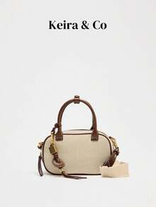 迷你明线包，宽肩带女士复古斜挎包，小号托特包女士奢华设计手提包，纯色简约单肩包 - 米色 - 查看 2