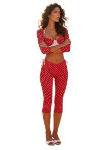 Women .Y 3 Piece Outfits .Y Club Party Halter Red Polka Dot Ruffle Bra Top+Long Sleeve Bolero+Capri Pants Set - 紅色 - 查看 1