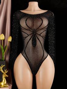 Elegant Long Sleeve Off-Shoulder Mesh Bodysuit - Women's Rhinestone-Studded Dazzling Party Outfit - 黑色 - 查看 10