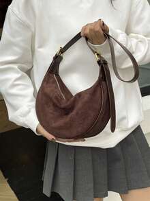 女士真皮饺子包，PU皮革纯色单肩马鞍包，可调节肩带，适合日常通勤 - 咖啡 - 查看 6