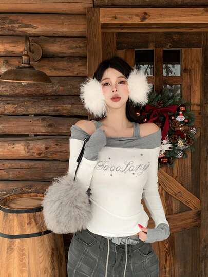 性感撞色拼接露肩水钻装饰长袖修身打底衫，冬季