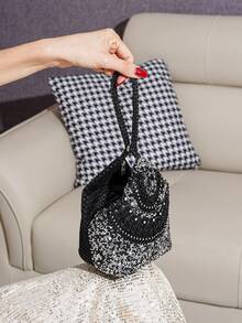 镶钻装饰不规则形状手拿包，优雅派对活动女士手提包 - 黑色 - 查看 5