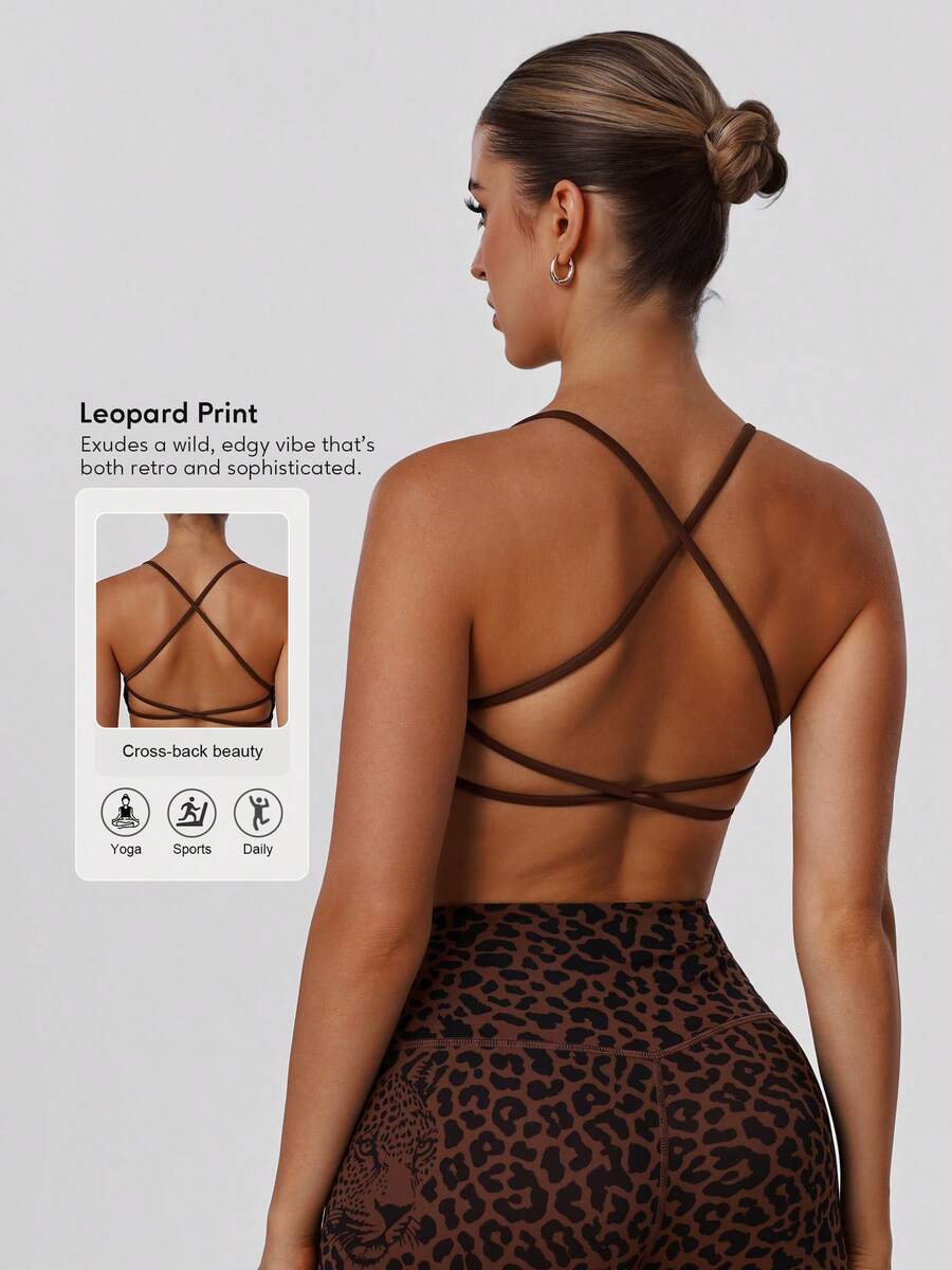 Sodalemon 女士随机豹纹交叉后背健身文胸，瑜伽运动文胸，适合锻炼和休闲跑步