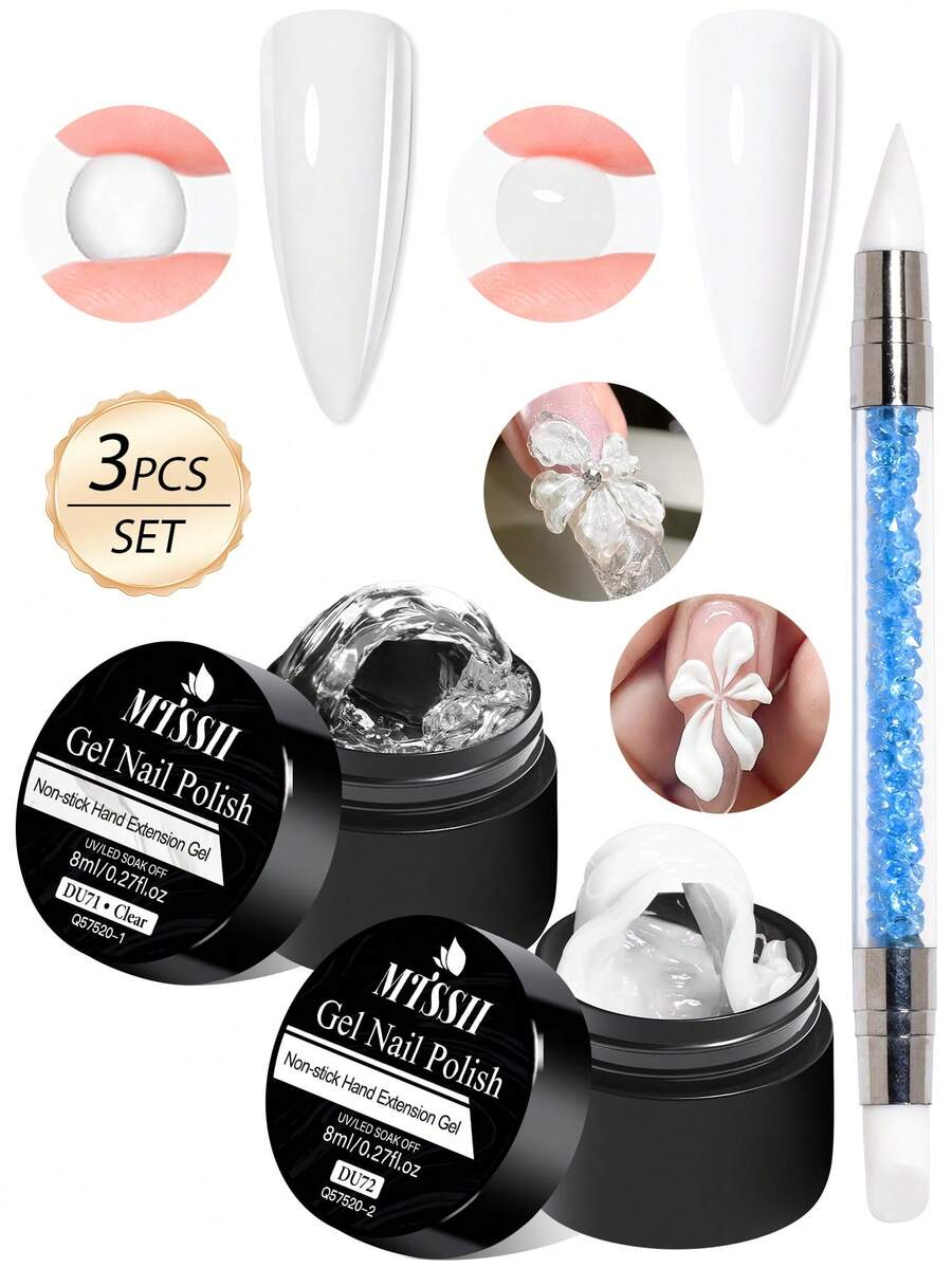 Mtssii 3件組 8ml 透明白色粉色不黏手延甲凝膠指甲油，適用於3D造型美甲、純色乳白色果凍硬凝膠、假指甲雕花美甲、壓克力凝膠亮漆、純色建構凝膠，操作簡單，適用於居家與美甲沙龍
