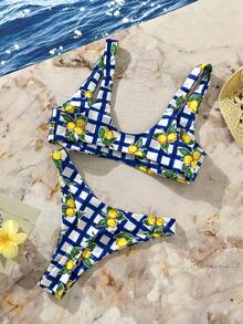 Bộ bikini 2 mảnh thời trang gợi cảm họa tiết chanh kẻ caro xanh trắng - Quần cạp cao bản rộng + Áo hở lưng | Đồ bơi thể thao phong cách retro cho kỳ nghỉ biển - Màu xanh lam - Xem 4