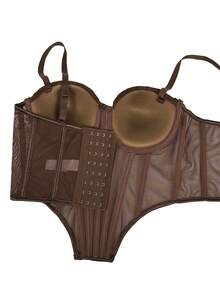 Fashionable Women's Rhinestone Punk Goth Style Bustier, Sexy Sequin Sheer Mesh Corset Top For Nightclub Casual Summer - Chocolate Brown - View 8