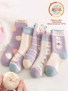 5双装加厚棉质冬季儿童袜，保暖卡通兔子图案女童袜