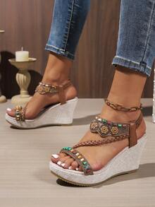 新款加大码女式时尚珍珠装饰鞋，户外波西米亚风彩色轻便坡跟凉鞋，白色塔形优雅坡跟时尚女士凉鞋 - 查看 2