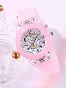 2pcs/Set Jam Tangan Anak Perempuan Bercahaya, Jam Tangan LED Bercahaya Kartun Unicorn, Jam Tangan Quartz & Gelang Manik-manik - Berwarna merah muda - View 5