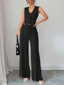 两件套女士商务修身无袖背心和直筒裤套装，适合日常通勤和办公穿着 - 黑色 - 查看 4