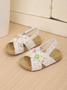 1 Pair Girls Cute Floral Open Toe Beach Sandals, Criss-Cross Strap Flat Casual Slip-On Slippers - Apricot - View 2