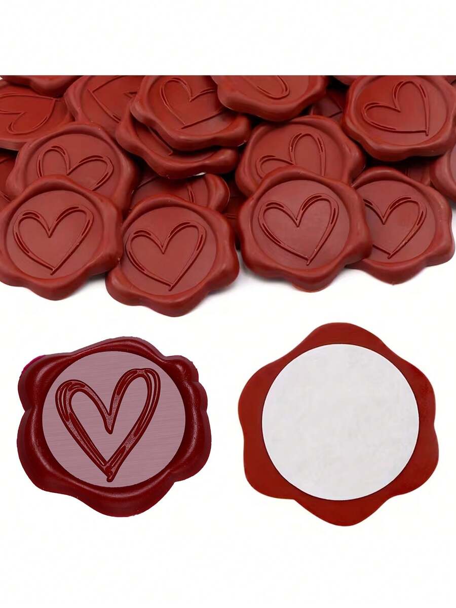 10/20/30 pièces Autocollants de cachet de cire autoadhésifs, motif en forme de cœur brun-rouge, en matière plastique, sans chauffage requis, véritable cachet de cire, idéal pour les invitations, les mariages, la Saint-Valentin et les décorations de la Fête des Mères - Rouge - Voir 1