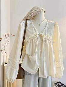 Plus Size Women's Elegant Embroidered Beige Lace Trim Ruffle Blouse - Beige - View 5