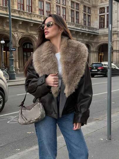 HH Chaqueta de piel sintética, chaqueta de mujer de cuero genuino de alta calidad con gran cuello de piel sintética, que irradia un ambiente lujoso