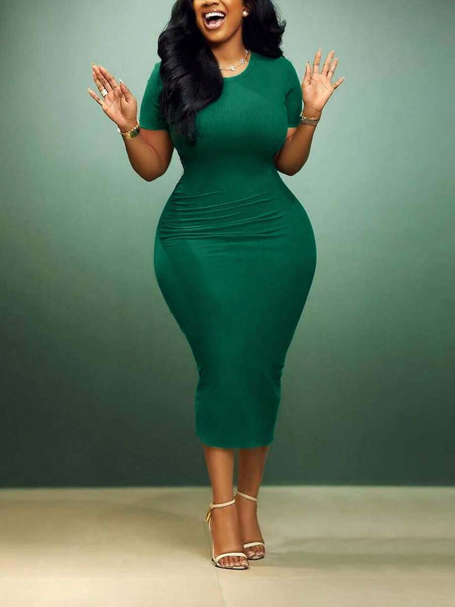 فستان كاجوال أنيق من قماش محبوك ذو لون أحادي، قصة غير متماثلة/غير منتظمة بياقة مستديرة، طول متوسط، مناسب لحفلات الشاي والمكتب اليومي والتنقل والزي الرسمي للمعلمين والملابس الرسمية الكاجوال وملابس الكنيسة والترفيه الخارجي في الربيع والصيف والخريف والشتاء، فستان أنيق للسيدات - أخضر - مشاهدة 1