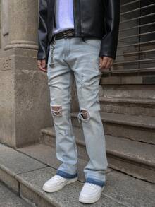 Men's Light Wash Distressed Stretch Slim Fit Flare Leg Jeans, American Casual Street Style Ripped Denim Pants, All Season - Light Wash - View 1