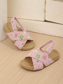 1 Pair Girls Cute Floral Open Toe Beach Sandals, Criss-Cross Strap Flat Casual Slippers For Outdoor Wear - Pink - View 6