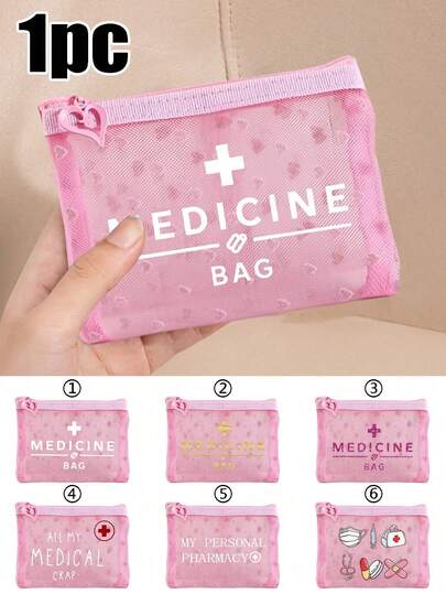 1pc Pink Love Mini Portable Mesh Medicine Bag Printed With"Medicine" Letters And Cross Pattern, First Aid Kit Medical Emergency Kits Organizer Outdoor Household Medicine Pill Storage Bag For Travel Storage Bag,Makeup Bag,Cosmetic Bag,Vacation Organizer, Skincare Bag, Lip Oil Storage Bag,Mother'S Gift,Back To School,Birthday Gifts, Bathroom Storage, Student Dormitory Wash Bag,Gift To Wife, Teacher,Family, Friends.(Six Styles To Choose From)