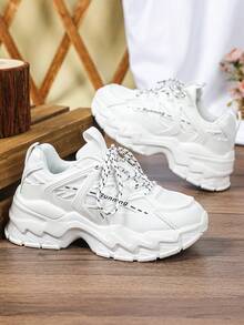 白色复古休闲运动户外健身鞋,派对风格系带经典男鞋,节日礼物厚底多功能厚底运动鞋 - 白色 - 查看 5