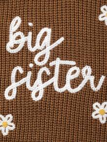 Infant Girls' Knitted Sweater With Delicate "Big Sister" Embroidery And White Floral Pattern, Soft And Cozy - Brown - View 3