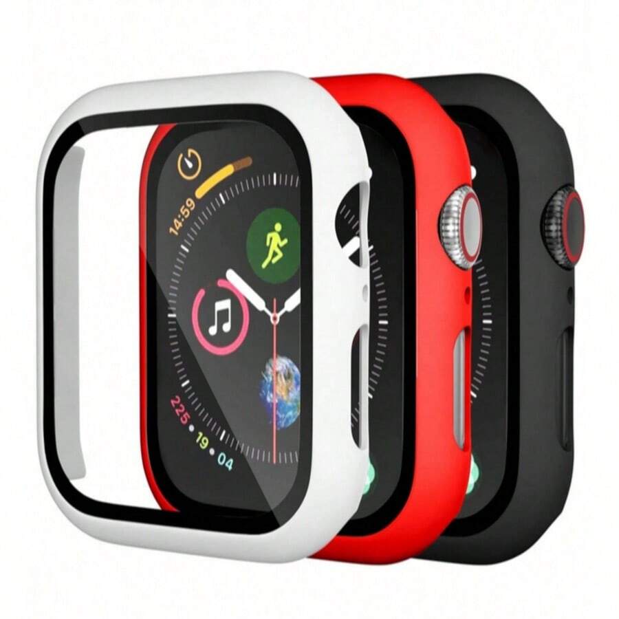 3pcs PC + Tempered Glass Full Frame Protective Case, Anti-Drop Stylish Case Compatible With Apple Watch 38/40/41/42/44/45/46/49mm, Compatible With Apple Watch Ultra/SE Series 11/10/9/8/7/6/5/4/3/2/1, Smart Watch Accessories, Black + White + Red - White+Red+Black - View 1