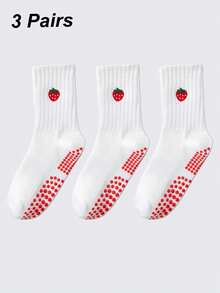 1/2/3 Pairs Women's Pilates Non-Slip Yoga Socks, Grip Socks With Traction, Neutral Hospital Socks, Ankle Support, Shock-Absorbing Sports Socks, Soft And Comfortable All-Season Grip Socks, Cute Embroidered Strawberry, Avocado, Cherry Patterns, White Socks - Multicolor - View 18