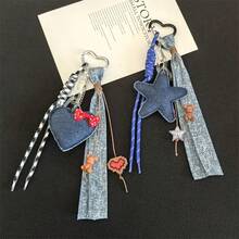 1pc Denim Style Heart & Star Woven Lanyard Keychain, Ins Style Bag Charm - Multicolor - View 5
