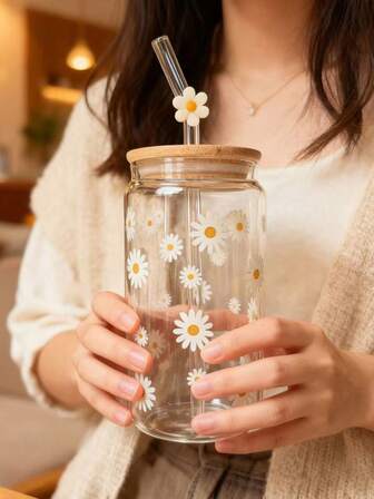 High Borosilicate Glass Heat-Resistant Mason Jar With Bamboo Lid, Glass Beverage/Beer Cup With Straw, Cute Floral Print