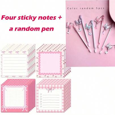 1pc Glitter Butterfly Decorative Gel Pen + 4pcs Sticky Notes; Butterfly Shaped Memo Pad - 3 Inches X 3 Inches, Cute Pink Heart & Bow Design With Ribbon Bookmark; Suitable For School, Office, Diary, Party Favors, Ladies Stationery, High Quality Paper, Office Supplies.