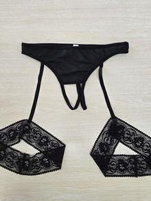 Plus Size Women Sexy Solid Color Crotchless Thong Panties With Lace Leg Garter, Comfortable & Stylish Lingerie