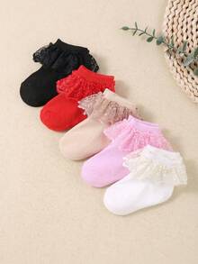 24/12/6 双装婴儿船袜，蝴蝶结蕾丝花卉图案，女童洛丽塔公主袜，多款设计，超柔软弹力透气蕾丝袜口袜，0-36 个月，适合春夏各种场合，婴儿袜，女童袜，洛丽塔袜，公主袜，船袜，女童礼盒套装，生日礼物，圣诞礼物系列 - 彩色 - 查看 7