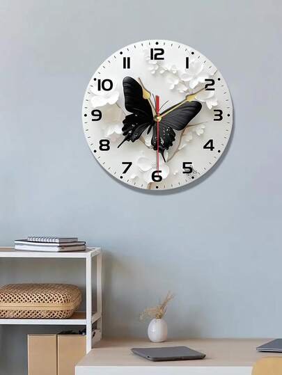 10/12 Inch Silent Black Butterfly Shaped Wall Clock - Wooden Round Design With White Flower Decor, Battery Operated (AA Batteries Not Included) - Suitable For Living Room, Bedroom, Kitchen, Office Decoration, Elegant Wall Clock, Durable Wooden Clock