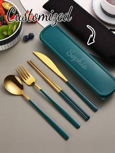 Juego de cubiertos personalizado, Juego de cubiertos portátil de acero inoxidable personalizado, Cubiertos de viaje personalizados, Juego de cubiertos de acero inoxidable portátil, incluye cuchara, tenedor, palillos y caja de almacenamiento, adecuado para viajes al aire libre, cocina, reuniones al aire libre, camping, senderismo, picnics y uso diario