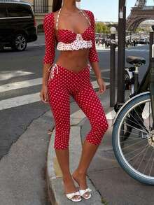 Womens Spring Summer Pants Set Dot Print Ruffled Trim Cami Tops, 3/4 Sleeve Shrug Tops And Capri Pants 3 Pcs Set - Red - View 4