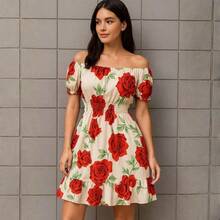 Short Dress Made From Duna Fabric With Short Sleeves. - Beige With Red Roses - View 3