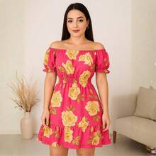 Short Dress Made From Duna Fabric With Short Sleeves. - Pink With Yellow Roses - View 2