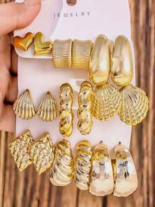 3件套极简流苏C形水滴珠耳环，时尚创意 - 金色 - 查看 1