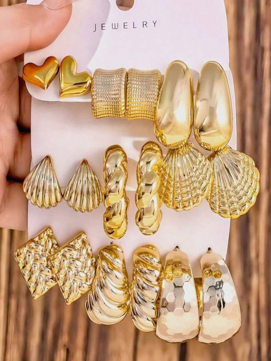 3件套极简流苏C形水滴珠耳环，时尚创意 - 金色 - 查看 1