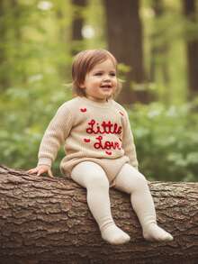 Conjunto de San Valentín para bebé niña y niño, suéter con corazón de amor pequeño, mono de punto grueso de manga larga, sudadera de gran tamaño con cuello redondo, prendas de punto, tops para recién nacidos, ropa de primavera e invierno - Albaricoque - Ver 2