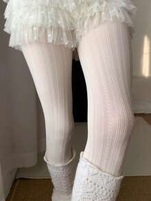 1pc Women's Casual Versatile White Textured Leggings, High Stretch, Retro Pattern Tights, Suitable For Spring And Autumn - White - View 8