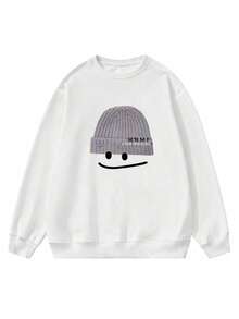 女士休闲宽松笑脸卡通印花圆领卫衣，适合秋冬季穿着 - 白色 - 查看 3